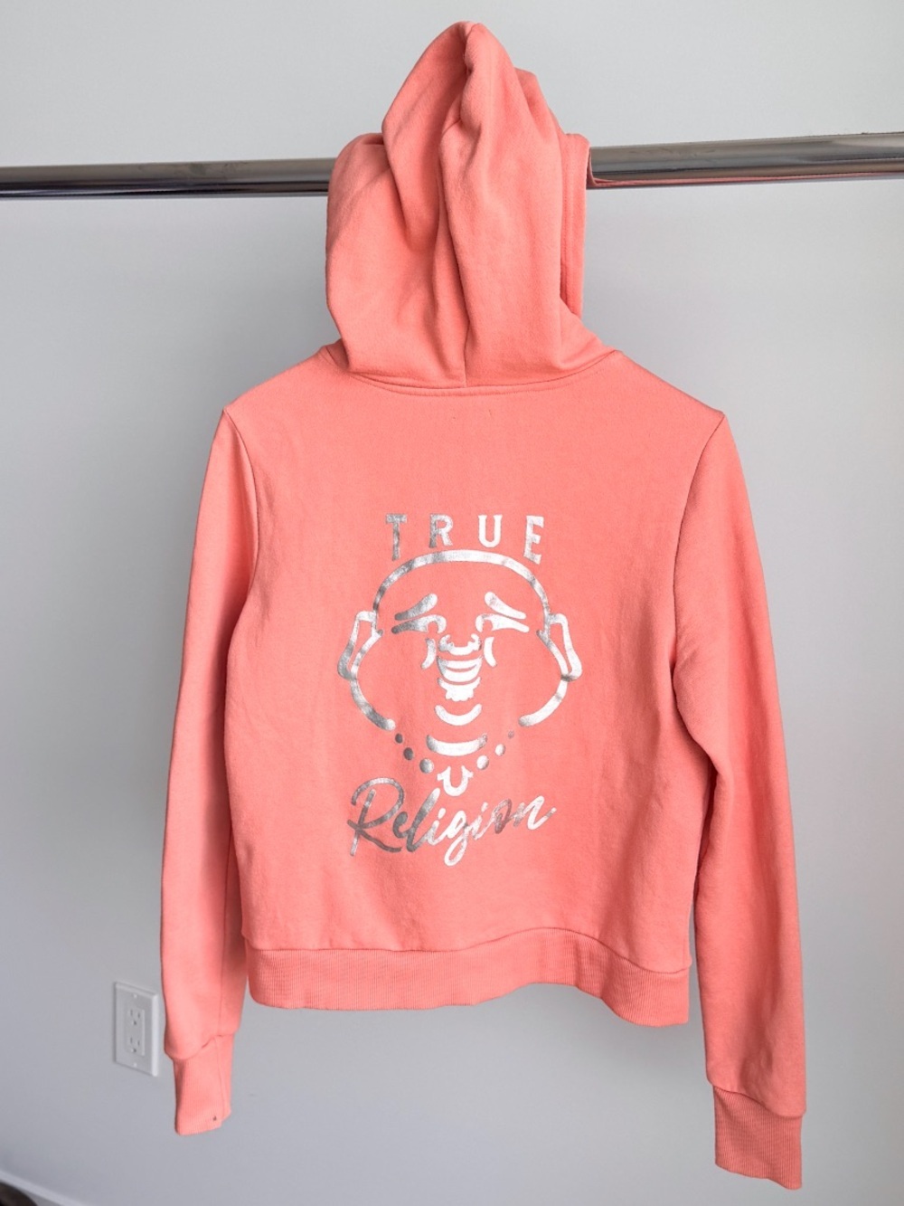 True Religion Metallic Silver Buddha Zip Up Hoodie Coral Peach Medium